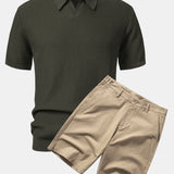 Wave Jacquard Knit V Neck Polo Shirt & Cotton Chino Shorts Set