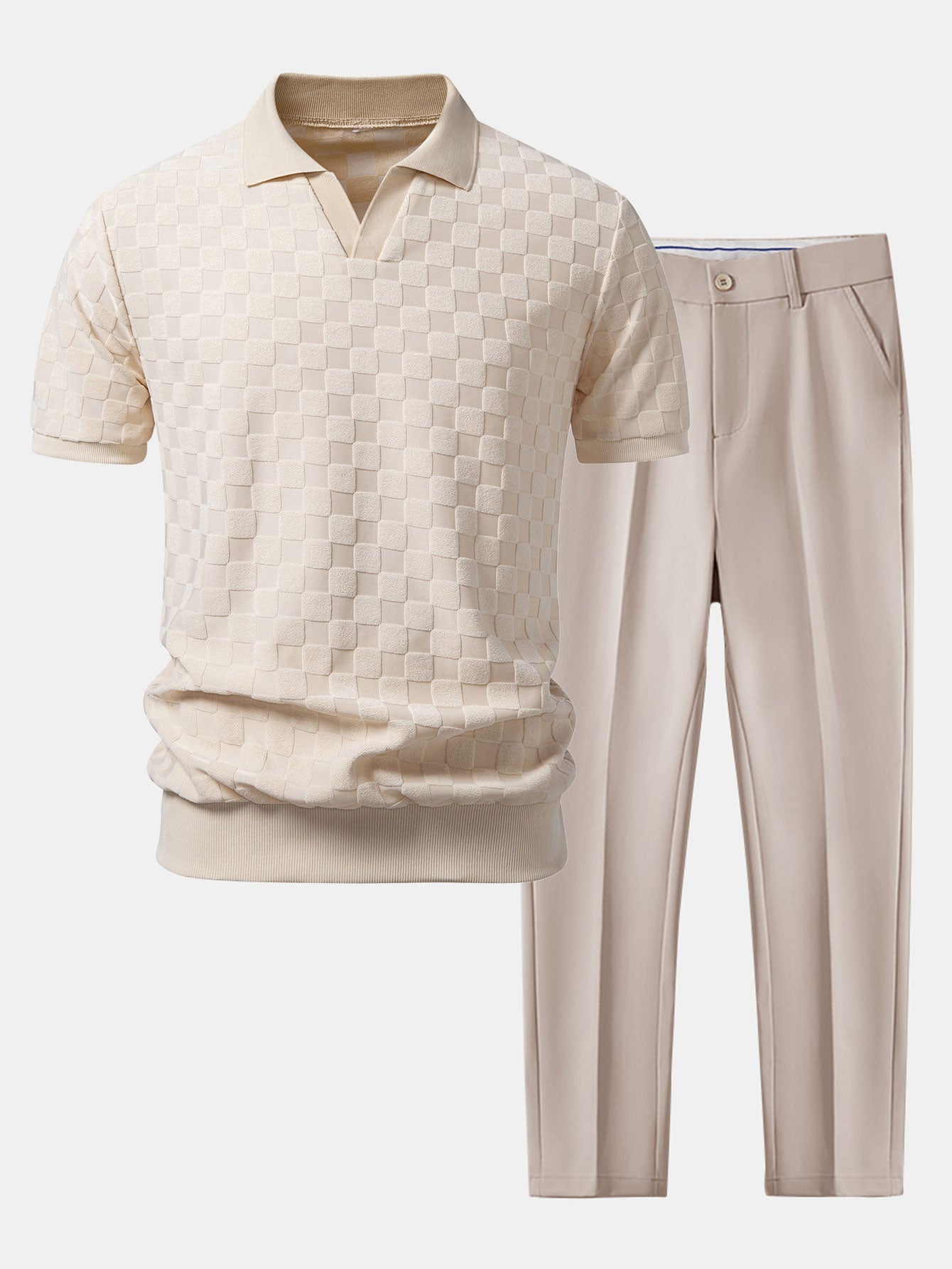 Checkerboard V-Neck Knit Polo & Slim Fit Tapered Trousers Set