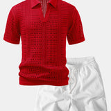 Crochet V Neck Polo Shirt & Crinkle Textured Drawstring 5" Shorts Set