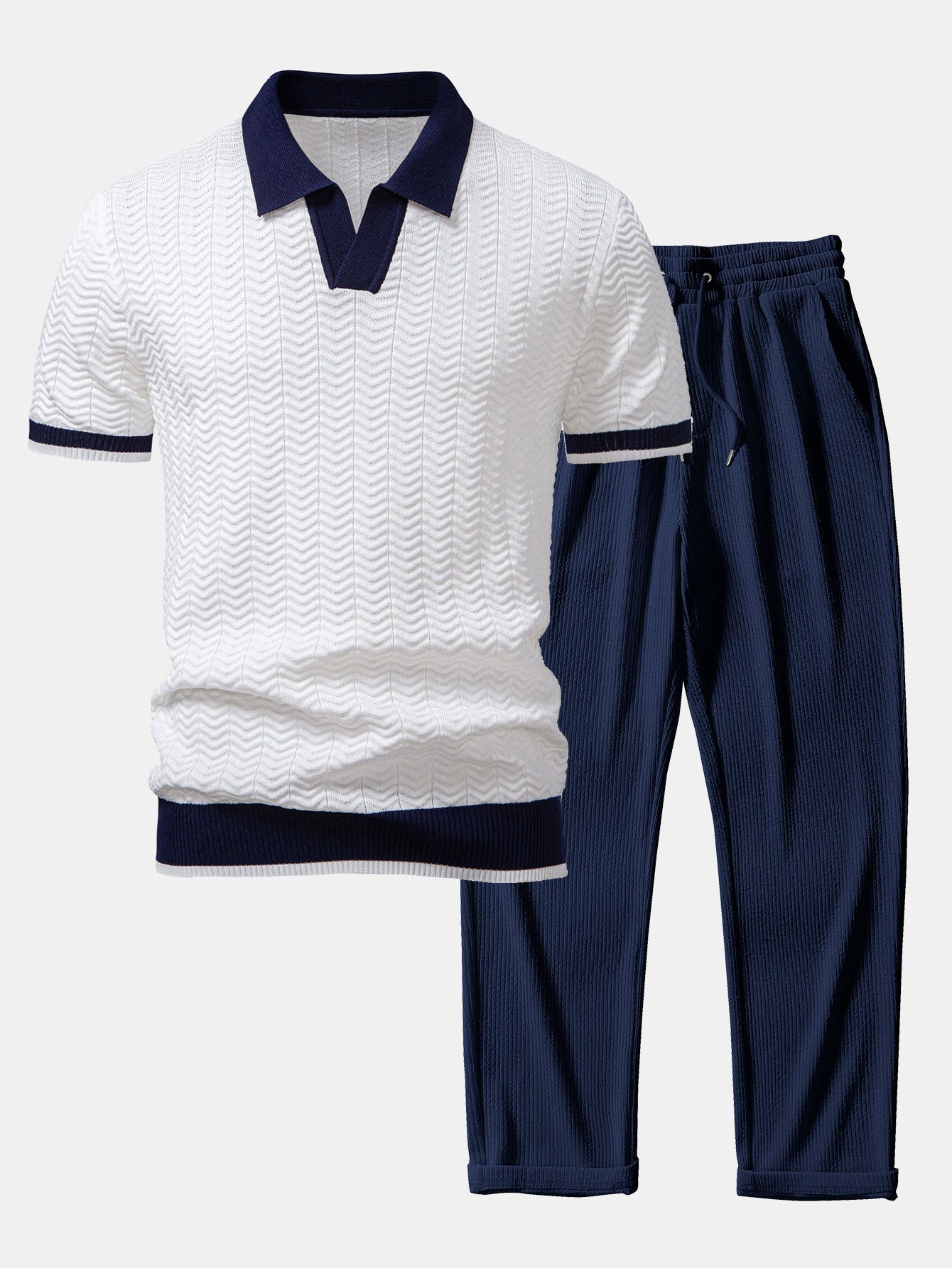 Texture Contrast Knitted V Neck Polo Shirt & Ribbed Pants Set