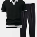 Texture Contrast Knitted V Neck Polo Shirt & Tapered Trousers Set