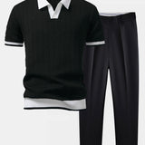 Texture Contrast Knitted V Neck Polo Shirt & Tapered Trousers Set