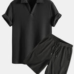 Waffle V-neck Polo & Drawstring Knitted Waffle Shorts Set