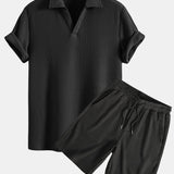 Waffle V-neck Polo & Drawstring Knitted Waffle Shorts Set