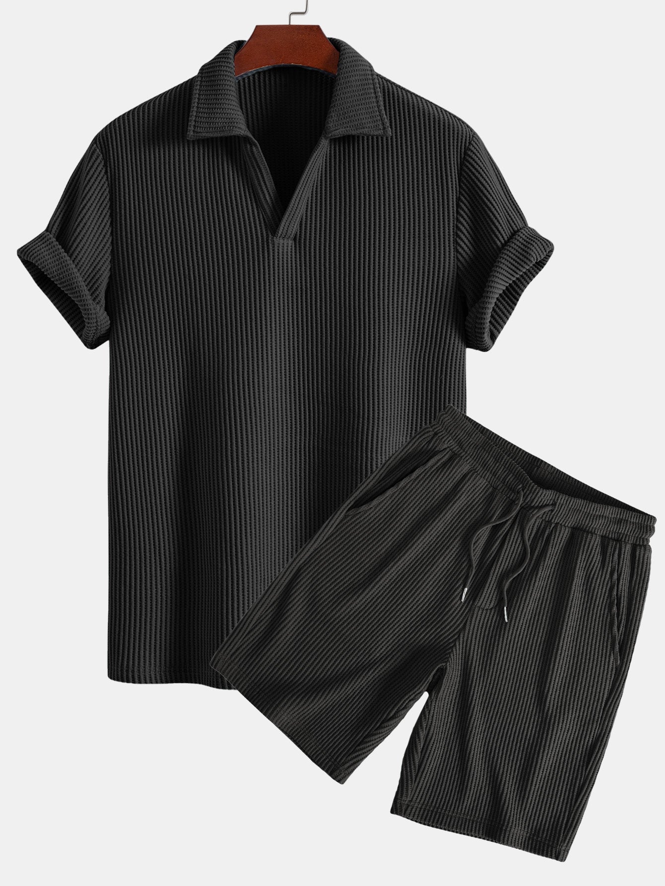 Waffle V-neck Polo & Drawstring Knitted Waffle Shorts Set