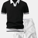 Texture Contrast Knitted V Neck Polo Shirt & Chino Shorts Set
