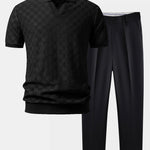 Checkerboard V-Neck Knit Polo & Slim Fit Tapered Trousers Set