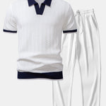 Texture Contrast Knitted V Neck Polo Shirt & Ribbed Pants Set