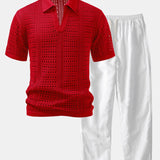 Crochet V Neck Polo Shirt & Straight Leg Linen Pants Set