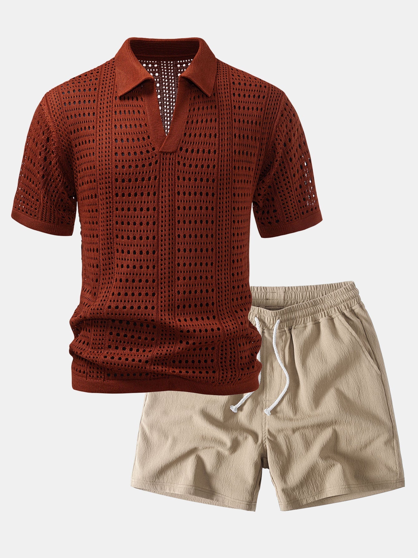 Crochet V Neck Polo Shirt & Crinkle Textured Drawstring 5" Shorts Set