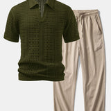 Crochet V Neck Polo Shirt & Crinkle Textured Straight Leg Pants Set
