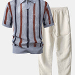 Striped Crochet V Neck Polo & Straight Leg Linen Pants Set