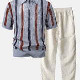 Striped Crochet V Neck Polo & Straight Leg Linen Pants Set