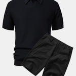 Wave Jacquard Knit V Neck Polo Shirt & Cotton Chino Shorts Set