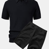 Wave Jacquard Knit V Neck Polo Shirt & Cotton Chino Shorts Set