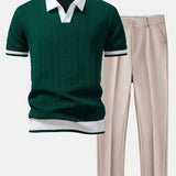 Texture Contrast Knitted V Neck Polo Shirt & Tapered Trousers Set
