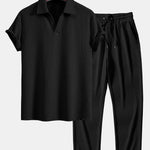 Short Sleeved V-Neck Ribbed Polo & Straight Leg Ribbed Pants Set