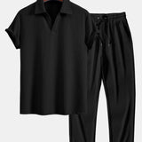 Short Sleeved V-Neck Ribbed Polo & Straight Leg Ribbed Pants Set