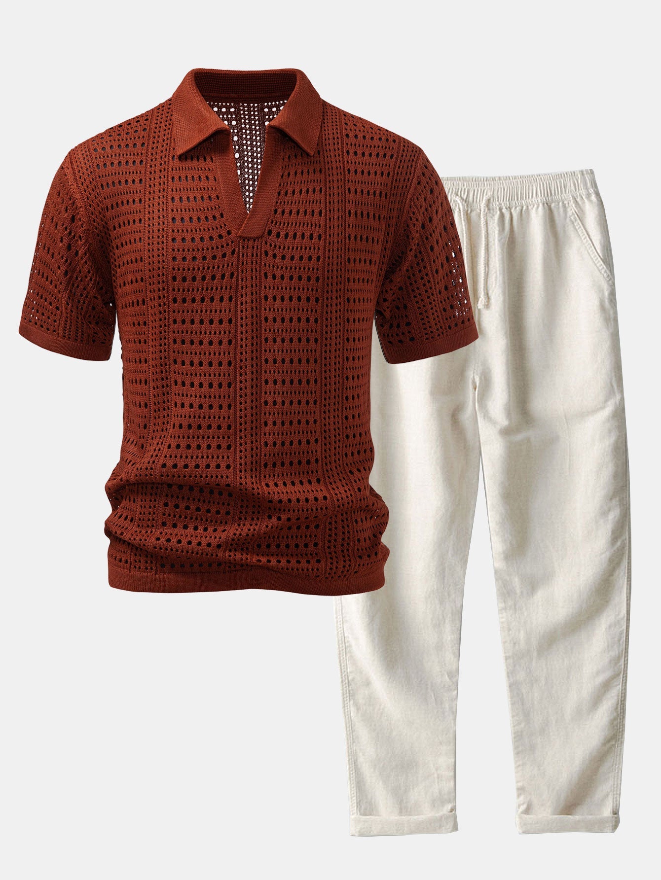 Crochet V Neck Polo Shirt & Straight Leg Linen Pants Set