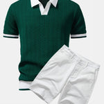 Texture Contrast Knitted V Neck Polo Shirt & Cotton Chino Shorts Set