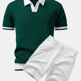 Texture Contrast Knitted V Neck Polo Shirt & Cotton Chino Shorts Set
