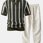 Striped Crochet V Neck Polo & Straight Leg Linen Pants Set