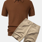 Wave Jacquard Knit V Neck Polo Shirt & Cotton Chino Shorts Set