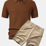 Wave Jacquard Knit V Neck Polo Shirt & Cotton Chino Shorts Set