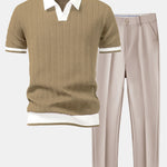 Texture Contrast Knitted V Neck Polo Shirt & Tapered Trousers Set