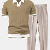 Texture Contrast Knitted V Neck Polo Shirt & Tapered Trousers Set