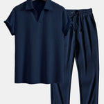 Short Sleeved V-Neck Ribbed Polo & Straight Leg Ribbed Pants Set
