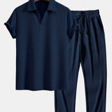 Short Sleeved V-Neck Ribbed Polo & Straight Leg Ribbed Pants Set