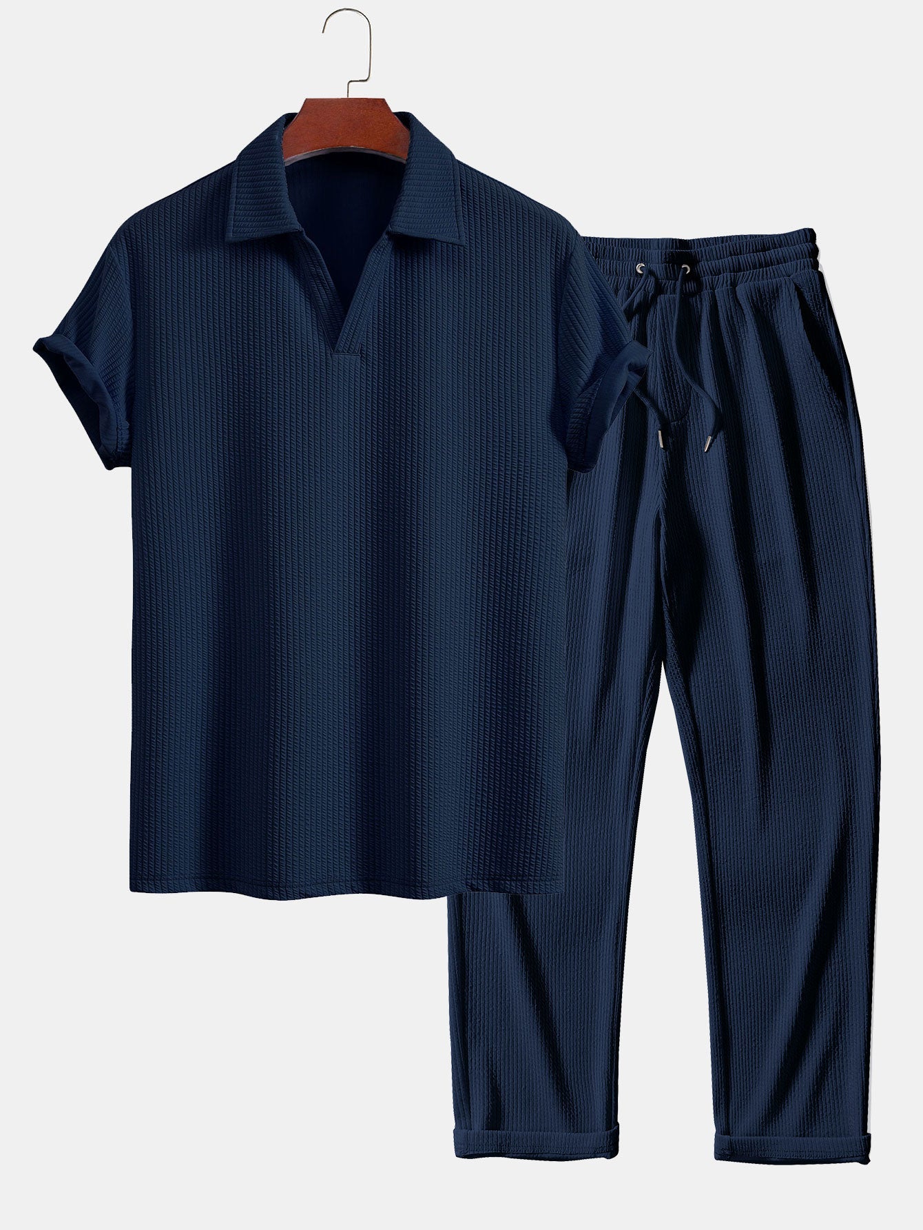 Short Sleeved V-Neck Ribbed Polo & Straight Leg Ribbed Pants Set