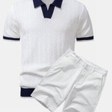 Texture Contrast Knitted V Neck Polo Shirt & Cotton Chino Shorts Set