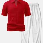 Crochet V Neck Polo Shirt & Crinkle Textured Straight Leg Pants Set