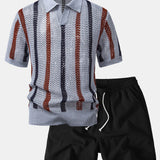 Striped Crochet V Neck Polo & Crinkle Textured Drawstring 5" Shorts Set