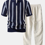 Striped Crochet V Neck Polo & Straight Leg Linen Pants Set