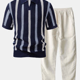 Striped Crochet V Neck Polo & Straight Leg Linen Pants Set