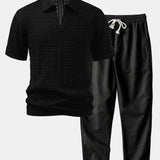 Crochet V Neck Polo Shirt & Straight Leg Linen Pants Set