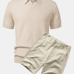 Wave Jacquard Knit V Neck Polo Shirt & Cotton Chino Shorts Set