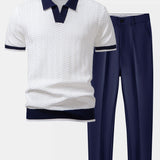 Texture Contrast Knitted V Neck Polo Shirt & Tapered Trousers Set