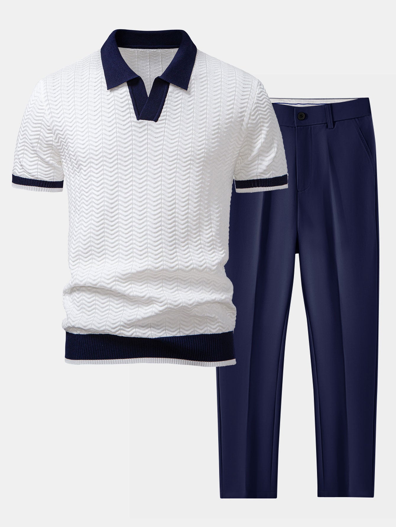 Texture Contrast Knitted V Neck Polo Shirt & Tapered Trousers Set