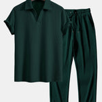 Short Sleeved V-Neck Ribbed Polo & Straight Leg Ribbed Pants Set