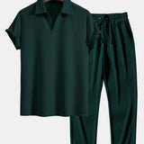 Short Sleeved V-Neck Ribbed Polo & Straight Leg Ribbed Pants Set