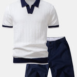 Texture Contrast Knitted V Neck Polo Shirt & Chino Shorts Set