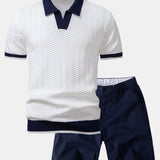 Texture Contrast Knitted V Neck Polo Shirt & Chino Shorts Set