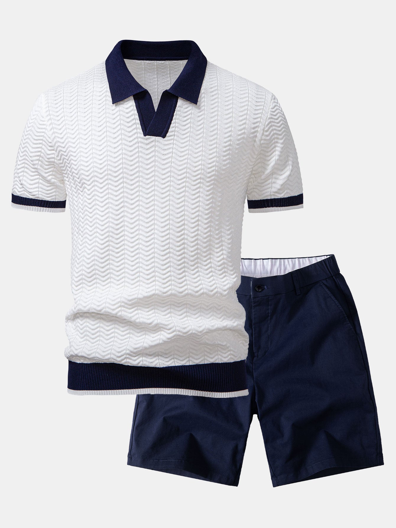 Texture Contrast Knitted V Neck Polo Shirt & Chino Shorts Set