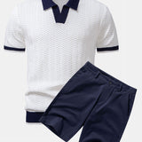 Texture Contrast Knitted V Neck Polo Shirt & Cotton Chino Shorts Set