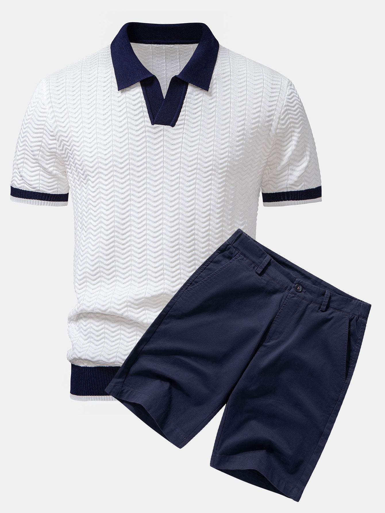 Texture Contrast Knitted V Neck Polo Shirt & Cotton Chino Shorts Set