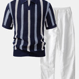 Striped Crochet V Neck Polo & Straight Leg Linen Pants Set